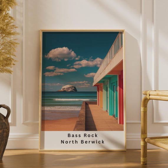 Bass Rock North Berwick Poster, Colourful Beach Huts Scotland Wall Art Print