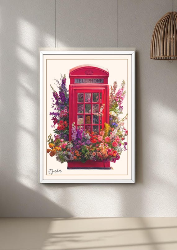 British Phone Box floral wall art, vibrant print, nostalgic decor