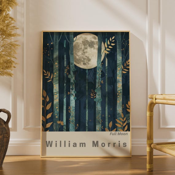 Full Moon Forest Art Print, William Morris Inspired Wall Art, Moonlit Night Scene, Botanical Decor