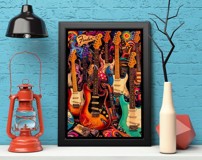 Guitar Wall Art Psychedelic Fender Stratocaster Colorful Rock Music Poster Print