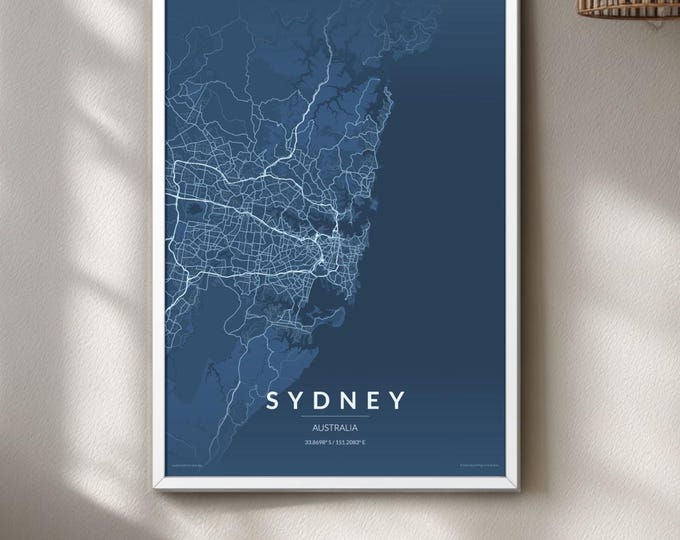 Sydney Map Print A1 A2 A3 | Neon City Map Poster | Black or Midnight Blue