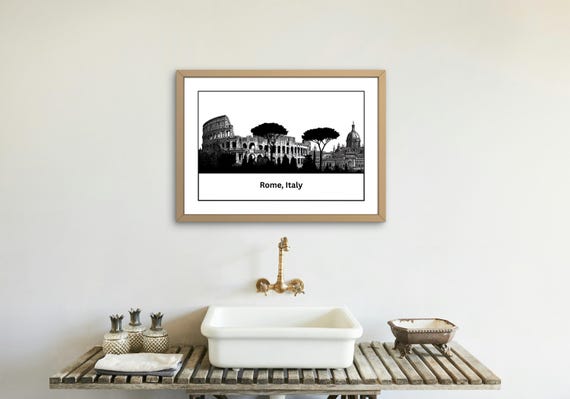 Rome city art printable wall art, black white pencil line digital download