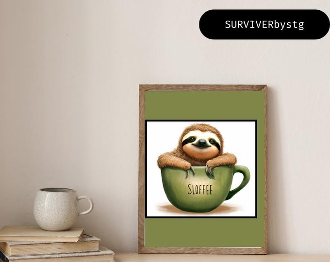 Print; Sloth Coffee Art |  "Sloffee" A4 Whimsical Animal (Digital Download)