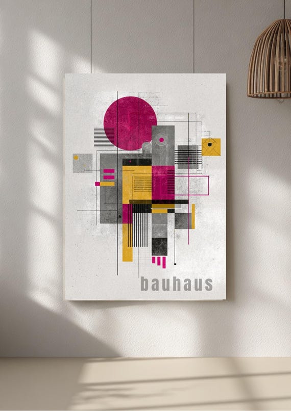 Bauhaus poster geometric artwork, natural and raspberry modern wall print