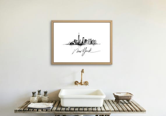 New York Skyline Art Print, Minimalist Pencil Line Drawing (Digital Download)