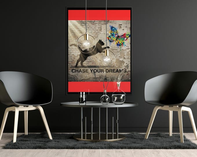 Chase Your Dreams – Urban Graffiti Cat & Butterfly Motivational Wall Art Print