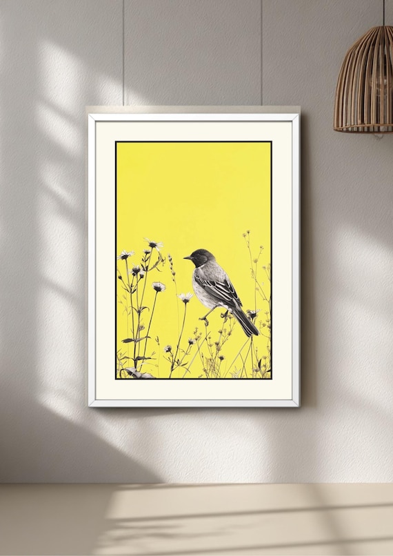 Yellow Floral Bird Print – Modern Botanical Wall Art