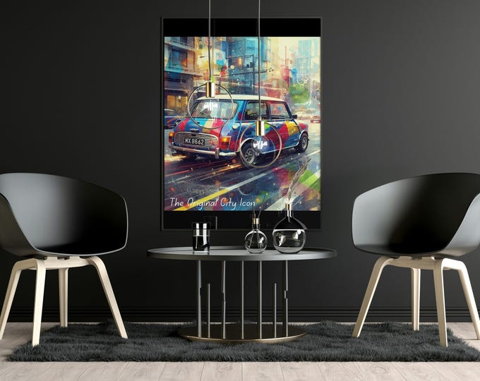 Mini cooper wall art, Colourful Retro Cityscape, Classic Urban Car Print