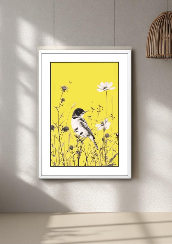 Yellow Floral Bird Print – Modern Botanical Wall Art