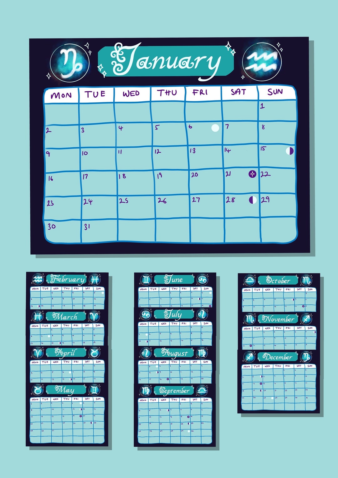 Star Sign Printable Calendar / Zodiac Printable Calendar / Etsy