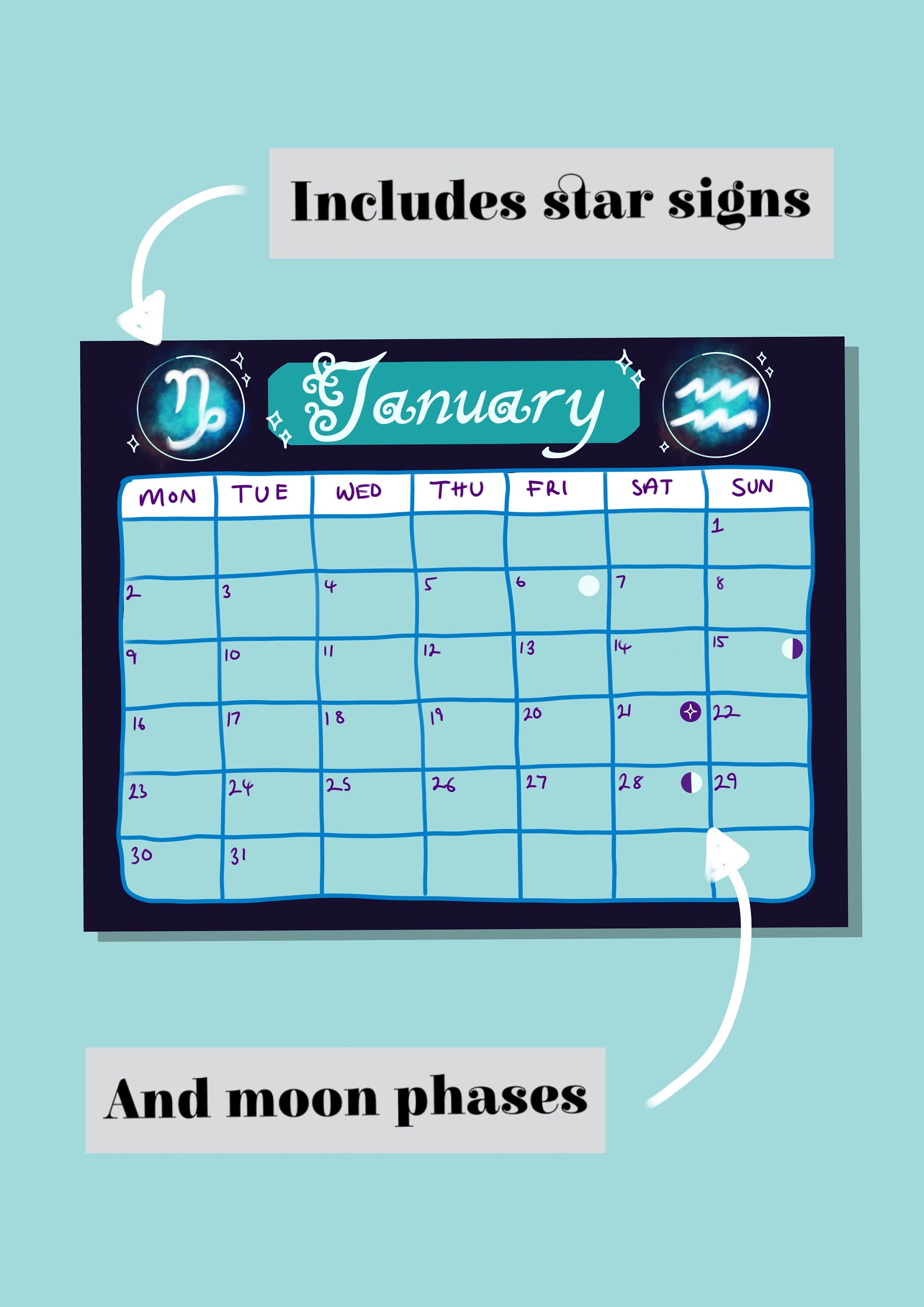 Star Sign Printable Calendar / Zodiac Printable Calendar / Etsy