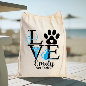 Custom Veterinary Technician Bag, Vet Tech Drawstring Bag, Gift for Vet Tech Week, Custom Vet Tech Backpacks
