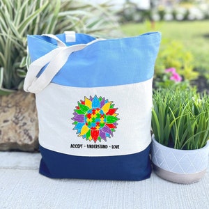 Accept Understand Love Tote Bag, Autism Awareness Tote Bag ,Rainbow Puzzle Autism Bag, Who Communicate Differently Gift, Neurodiversity Tote