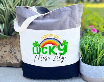 Customized Happy Go Rainbow Lucky Tote Bag, St Patrick's Gift , Happy Go St Patrick's Day Tote Bag,  Have a Lucky Day Bag, Shamrock Tote Bag