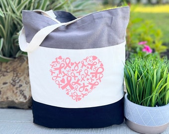 Pink Heart Ribbon Bag, Breast Cancer Awareness Bag, Cancer Survivor Tote, Gifts for Cancer Patients, Encouragement Gift, Cancer Hope Gift
