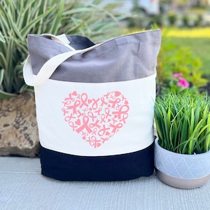Pink Heart Ribbon Bag, Breast Cancer Awareness Bag, Cancer Survivor Tote, Gifts for Cancer Patients, Encouragement Gift, Cancer Hope Gift