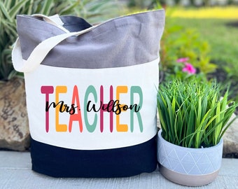 Personalized Teacher Tote Bag, Teacher Tote Bag, Teacher Gift Bag, Colorful Tote Bag, Custom Teacher Name Bag, Gift For Teacher, Teacher Bag