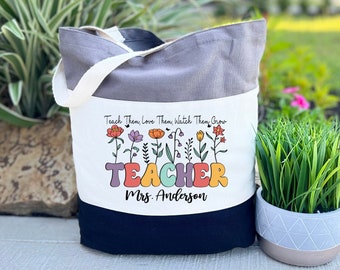 Custom Teacher Tote Bag, Flower Print Teacher Bag, Personalized Teacher Tote Bag, Teacher Appreciation Gift Tote Bag, Back to School Gift