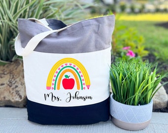 Personalized Teacher Tote Bag, Rainbow Teacher Bag, Custom Teacher Tote Bag, Teacher Appreciation Gift, Teacher Gift, Back to School Gift