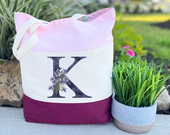 Personalized Floral Initial Tote Bag, Bridesmaid Gift, Bachelorette Party Gift, Wedding Gift, Birthday Gift, Initial Tote Bag, Custom Bag