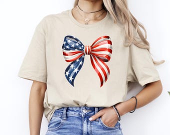 4th of July T-Shirt, USA Bow Shirt, Patriotic Shirt, Independence Day Shirt, Memorial Day Tee, Coquette America Bow Shirt, Patriotic Bow Tee