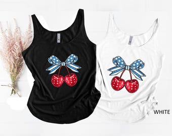 4th Of July Tank Top, Coquette Cherry Shirt, American Bow Shirt, Patriotic Tank Top, Red White and Blue Tank Top, American Flag Tank Top
