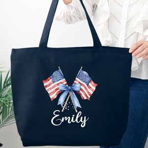 Personalized 4th of July Tote Bag, Independence Day Tote Bag, Patriotic Girl Tote Bag, Patriotic Gifts, American Flag Coquette Bow Tote