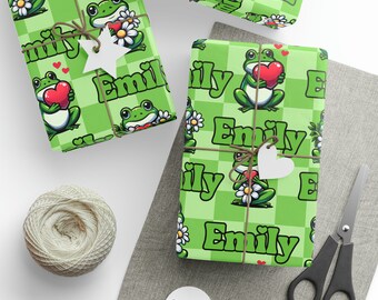 Personalized Retro Frog & Heart Daisies Green Checkered Wrap