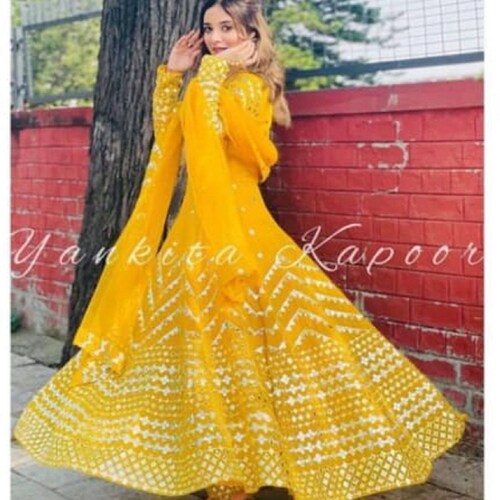 Indian Tradtional Bandhej Print Red Anarkali Suit, Ethnic Anarkali Kurti with Contrasting Yellow Duppatta For women Wedding dress buying For women