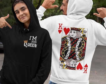 King Queen Valentine's Day Hoodie For Couple, Valentine Gift For Lover, Partner, Spouse, Unisex Pullover Matching Outfits Hoodie For Couples