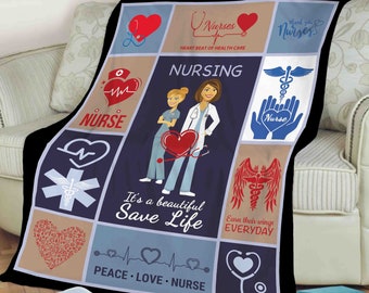 Nurse Heartbeat Of Healthcare, Custom Nurse Gifts, Stethoscope Blanket Gifts for Nurse Thanksgiving Gift Personalized Birthday Gifts For Her