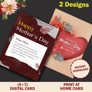 Cartão de felicitações para impressão de feliz dia das mães, presente para mamãe/mamãe/dia das mães/conjunto de 2 arquivos PDF exclusivos/digitais para download instantâneo
