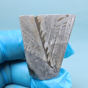 Peut inclure: Fragment de météorite géométrique de couleur métallique. La surface coupée révèle un motif de Widmanstätten unique de lignes et de formes entrecroisées. Le fragment est tenu par une personne portant des gants bleus. L'objet a une forme en V.
