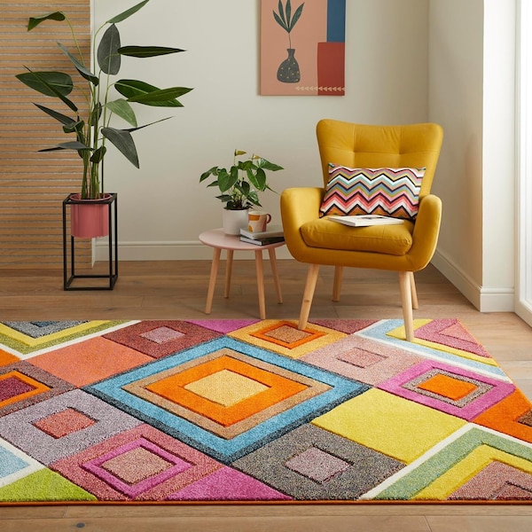 Tapis sculpté à la main pour salon et chambre à coucher, cuisine, tapis géométrique multicolore aux couleurs vives et vibrantes VIV104