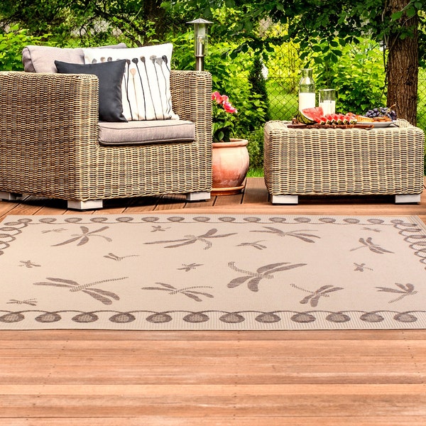 Outdoor or Indoor Dragonfly design Rug Bordered Flatweave Natural Taupe Weather Resistant