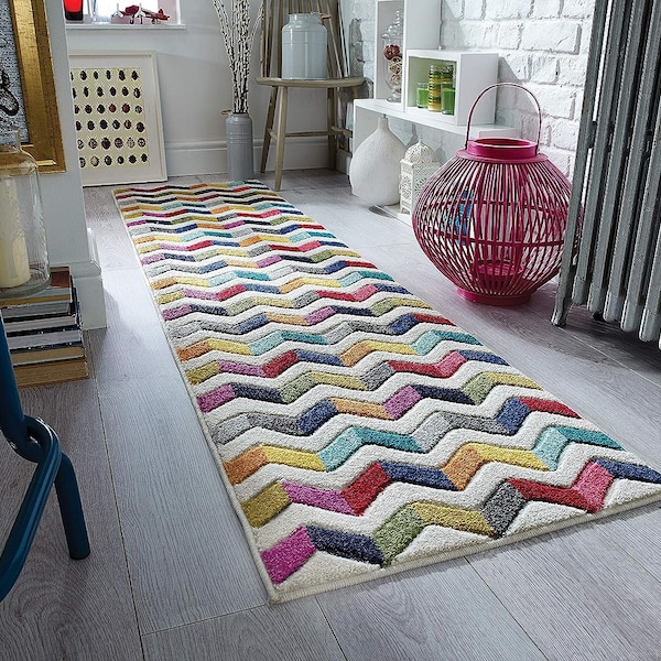 Runner Multi Rainbow Color 66x230 cm (2'5''x7'7'') Alfombra de pasillo tallada a mano