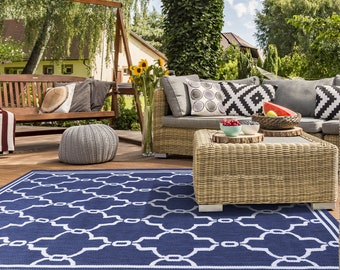 Spanish Tile Indoor or Outdoor Bordered Flatweave Navy Weather Resistant Rug Carpet