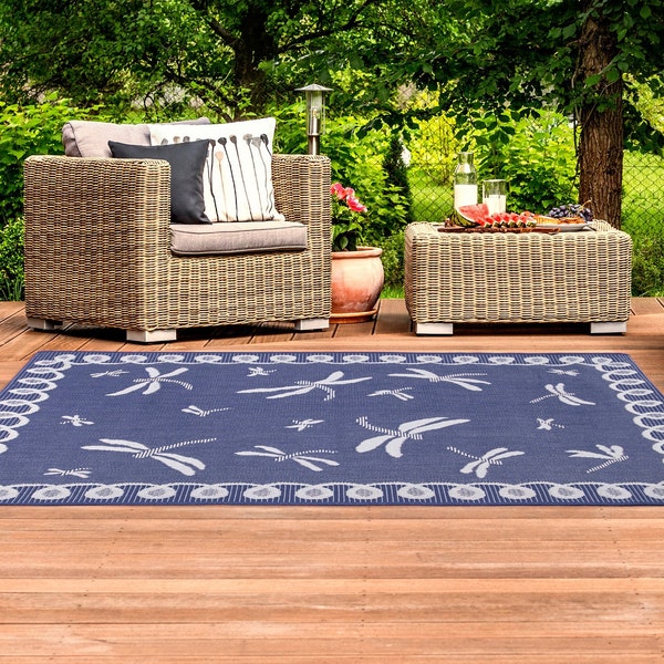 Dragonfly Indoor or Outdoor Bordered Flatweave Navy Blue Weather Resistant Rug