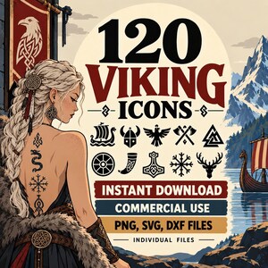以下が含まれることがあります： 120 VIKING ICONS, INSTANT DOWNLOAD, COMMERCIAL USE, PNG, SVG, DXF FILES, INDIVIDUAL FILESというテキストが記載されたデジタル画像。背中にタトゥーを入れた金髪のキャラクター、水上のバイキング船、そして様々な黒いアイコンやシンボルが描かれています。