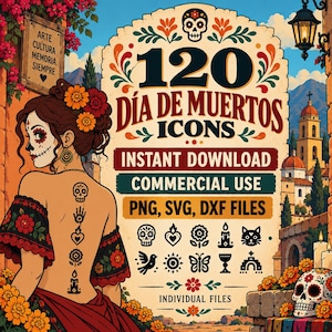 Peut inclure: Un graphique numérique présentant 120 icônes Dia de Muertos avec le texte Instant Download, Commercial Use, et PNG, SVG, DXF Files. L'image montre une personne avec un tatouage de crâne dans le dos, des œillets d'Inde et un crâne sur un mur.