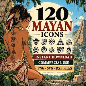 Peut inclure: Un graphique numérique avec le texte 120 MAYAN ICONS, INSTANT DOWNLOAD, COMMERCIAL USE, PNG SVG DXF FILES. L'image montre une personne avec un tatouage dorsal de symboles mayas, sur fond de pyramide en pierre et de feuillage de jungle.
