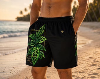 Calção de banho masculino Monstera Obliqua Peru - Roupa de banho reciclada - Estampa de planta - Presente para amantes de plantas - Calção de praia ecológico
