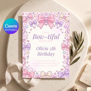 May include: A rectangular birthday party invitation card featuring a pastel-colored border of bows, stars, and hearts. The text reads: A Sweet Bow-tiful Birthday Party! Olivia 5th Birthday, September 21 at 4:00 PM, 123 Anywhere Street, Anywhere City, RSVP to Name at 123-456-XXXX.