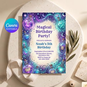 May include: A rectangular birthday party invitation card featuring a purple and teal cosmic background with illustrated potion bottles, stars, and moons. The text reads: Magical Birthday Party! Join us to celebrate Noah's 5th Birthday, September 25 at 4:00 PM, 123 Anywhere Street, Anywhere City, RSVP to Name @ 123-456-XXXX.