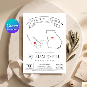 May include: A white rectangular party invitation card featuring the text Welcome Home Party Invite, a map of California and Georgia connected by a dotted line with red hearts, and details for William Smith's farewell party on September 25.