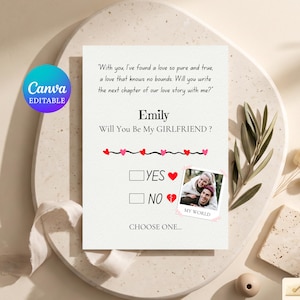 Pode incluir: Um cartão retangular branco com o texto "With you, I've found a love so pure and true, a love that knows no bounds. Will you write the next chapter of our love story with me?", "Emily", "Will You Be My GIRLFRIEND?", "YES", "NO" e "CHOOSE ONE..." com ícones de corações vermelhos, uma linha ondulada preta e uma pequena foto quadrada de um casal com a etiqueta "MY WORLD".