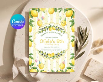 Lemon Birthday Invitation Template | Birthday Invite | Lemonade Party | Summer Citrus Theme | Editable Canva | Digital