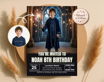 魔法使いの誕生日招待状 – お子様を魔法使いに変身させましょう、魔法の城パーティー招待状、デジタルダウンロード