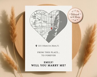 Custom Heart Map Proposal Card, Personalized Location, Will You Marry Me (Digital Download)