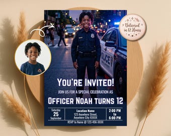 Turn Your Child into Police Officer – Custom Birthday Invitation, Officer Party Invite, Digital Download